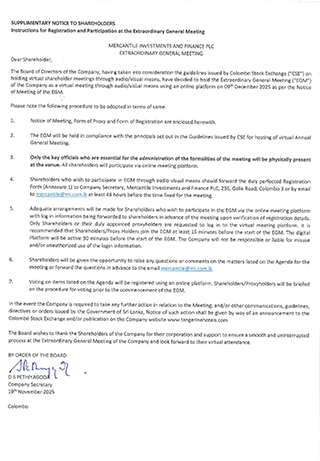 SUPPLIMENTARY NOTICE TO SHAREHOLDERS